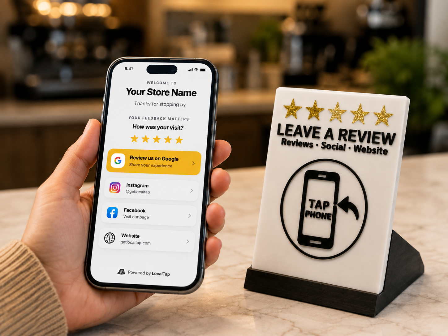 A customer holding a phone showing the LocalTap mobile hub beside the Hub Block display